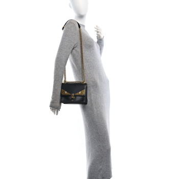 FENDI Vitello Liberty Metal Monster Eyes Small Kan I Shoulder Bag Black Gold