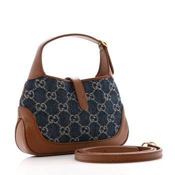 GUCCI New Denim GG Monogram Calfskin Mini Jackie 1961 Hobo Blue Tea Cuir