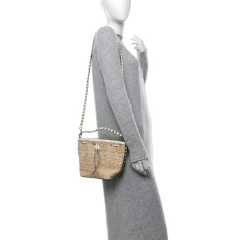 VALENTINO GARAVANI Metallic Boucle Raffia Calfskin Rockstud Drawstring Bucket Bag Ivory Gold