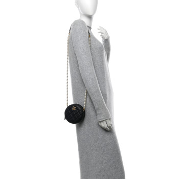 CHANEL Lambskin Quilted Pearl Chain Round Clutch With Chain Black