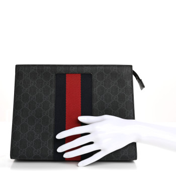 GUCCI GG Supreme Monogram Selleria Calfskin Web New Web Cosmetic Case Black
