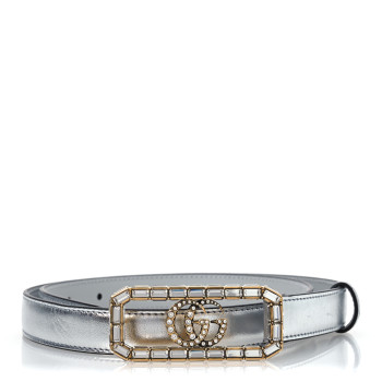 GUCCI Metallic Calfskin Crystal Double G 20mm Belt 80 32 Silver