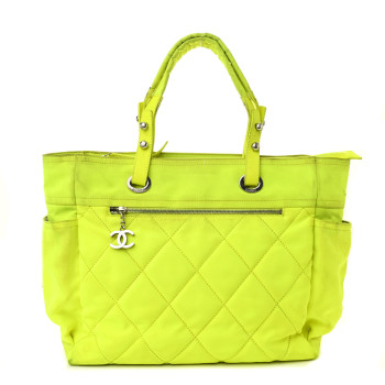 CHANEL Coated Canvas Quilted Large Paris Biarritz Tote Neon Yellow