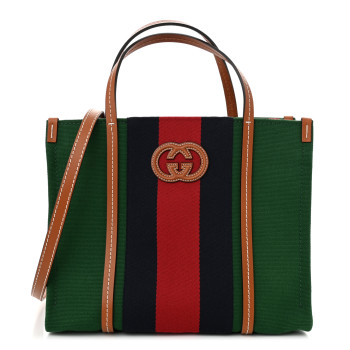 GUCCI Canvas Calfskin Web Small Interlocking G Tote Bag Green Red