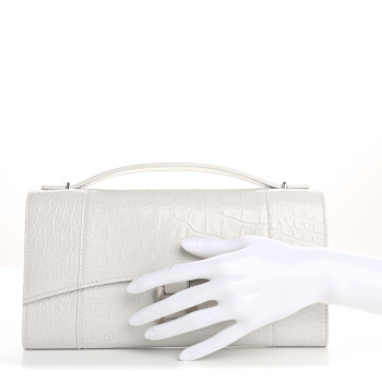 BALENCIAGA Shiny Calfskin Crocodile Embossed Top Handle Hourglass Clutch White