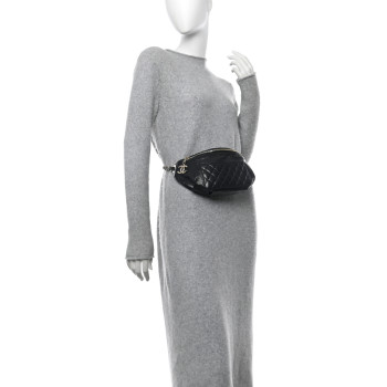 CHANEL Crumpled Glazed Lambskin Quilted Waist Bag Fanny Pack Black