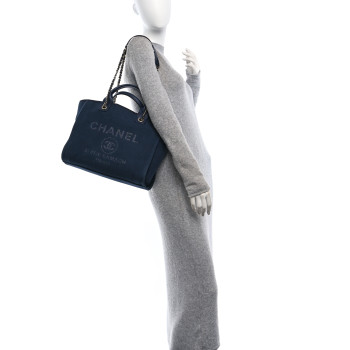 CHANEL Mixed Fibers Calfskin Medium Deauville Tote Navy Blue