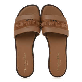 CHRISTIAN DIOR Calfskin Canvas Embroidered Dway Flat Slide Sandals 38 Camel