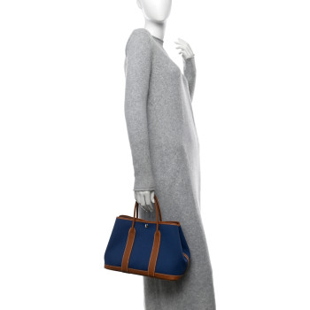 HERMES Toile Militaire Vache Country Garden Party Tote 30 Bleu France Gold