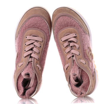 CHANEL Suede Calfskin Stretch Fabric CC Sneakers 36.5 Pink
