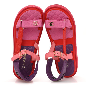 CHANEL Lambskin Logo Platform Sandals 38 Red Purple Orange