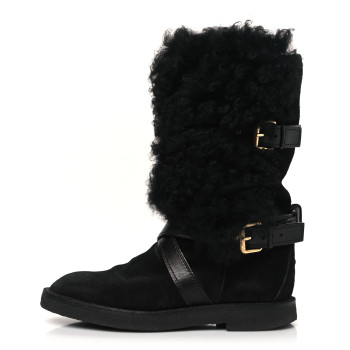 LOUIS VUITTON Suede Calfskin Fur Strap Boot 36 Black