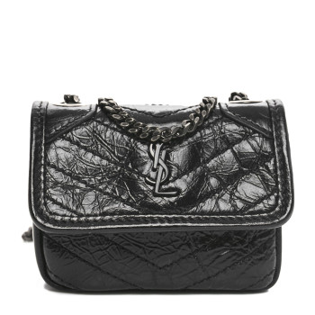 SAINT LAURENT Crinkled Calfskin Matelasse Monogram Niki Airpods Holder Micro Bag Black