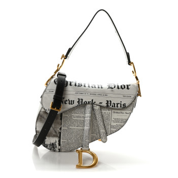 CHRISTIAN DIOR Calfskin Newspaper Printed Saddle Bag With Strap Black White