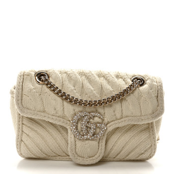 GUCCI Knitted Wool Crystal Small GG Marmont Shoulder Bag Ivory
