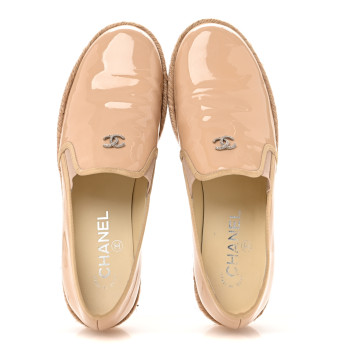 CHANEL Patent CC Loafers Espadrille 38.5 Beige