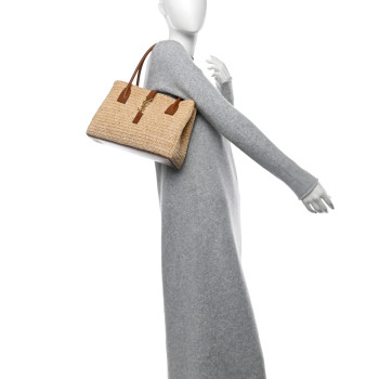 SAINT LAURENT Raffia Calfskin Panier Rectangle Tote Naturel Brick