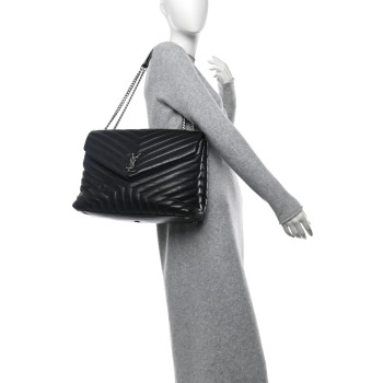 SAINT LAURENT Calfskin Y Quilted Monogram Large Loulou Chain Satchel Black