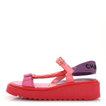 CHANEL Lambskin Logo Platform Sandals 38 Red Purple Orange