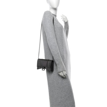 BALENCIAGA Shiny Metallic Calfskin Crocodile Embossed Hourglass Chain Bag Gunmetal