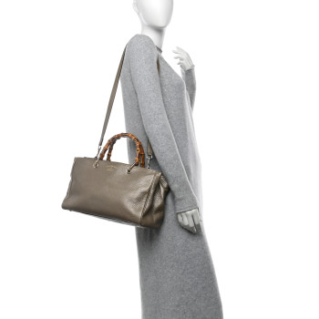 GUCCI Metallic Pebbled Calfskin Medium Bamboo Shopper Tote Golden Beige