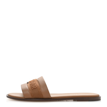 CHRISTIAN DIOR Calfskin Canvas Embroidered Dway Flat Slide Sandals 38 Camel