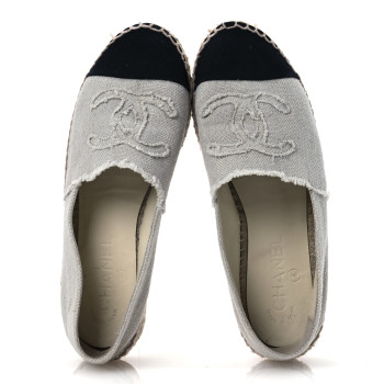 CHANEL Linen CC Espadrilles 37 Beige Black