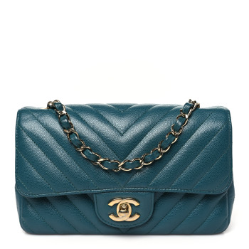 CHANEL Caviar Chevron Quilted Mini Rectangular Flap Green