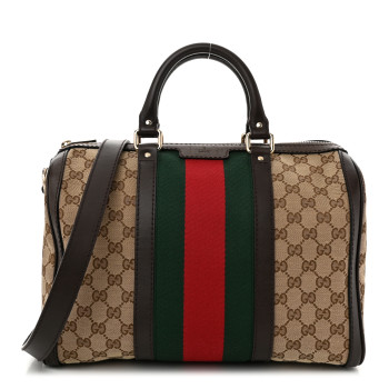 GUCCI Monogram Selleria Calfskin Vintage Web Medium Boston Beige Ebony Cocoa