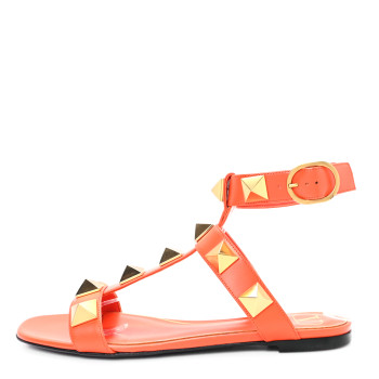 VALENTINO GARAVANI Calfskin Roman Stud Ankle Strap Flat Sandals 37.5 Titian