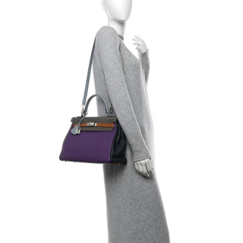 HERMES Taurillon Clemence Arlequin Kelly Retourne 32 Ultraviolet Etain Bleu Lin Bleu Orage Gold