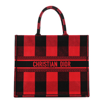 CHRISTIAN DIOR Canvas Embroidered Checkered Book Tote Black Red