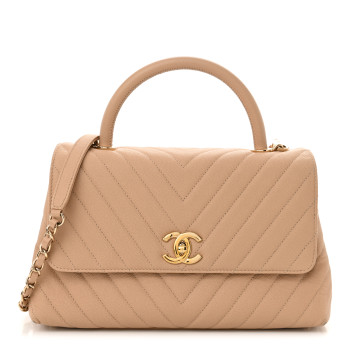 CHANEL Caviar Chevron Quilted Small Coco Handle Flap Beige