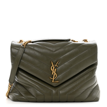 SAINT LAURENT Calfskin Y Quilted Monogram Medium Loulou Chain Satchel Grey Kaki