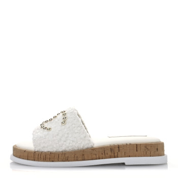 CHANEL Fabric Pearl Cork CC Slip On Sandals 38 White