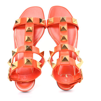 VALENTINO GARAVANI Calfskin Roman Stud Ankle Strap Flat Sandals 37.5 Titian
