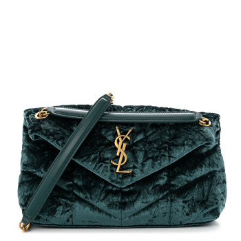 SAINT LAURENT Crushed Velvet Quilted Small Loulou Puffer Monogram Chain Satchel Emerald Vert