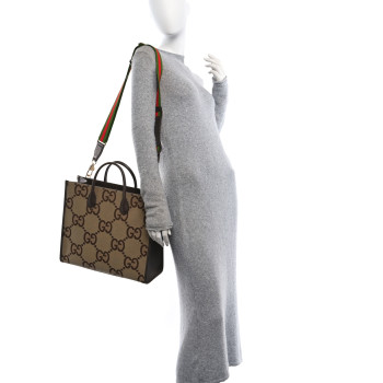 GUCCI Monogram Jumbo GG Textured Dollar Calfskin Web Tote Bag Camel Ebony New Acero
