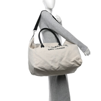 SAINT LAURENT Linen Calfskin Rive Gauche Maxi Tote  Grege et Noir