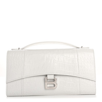 BALENCIAGA Shiny Calfskin Crocodile Embossed Top Handle Hourglass Clutch White