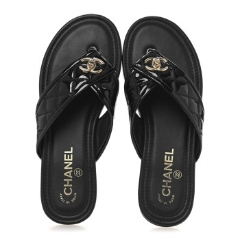 CHANEL Patent Quilted CC Sandals 37.5 Black