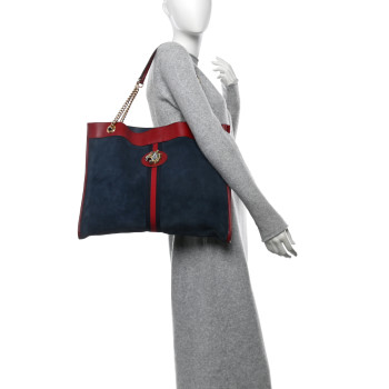 GUCCI Suede Calfskin Large Rajah Chain Tote New Blue Romantic Cherry