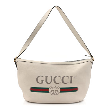 GUCCI Grained Calfskin Logo Half Moon Hobo White