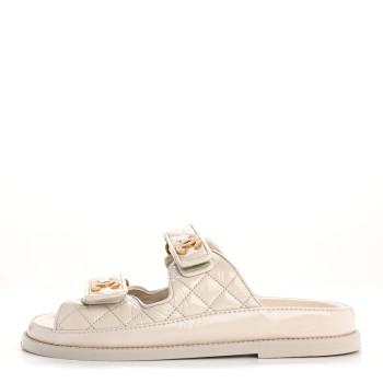 CHANEL Shiny Calfskin Crystal Quilted Velcro Dad CC Slide Sandals 36.5 Light Beige