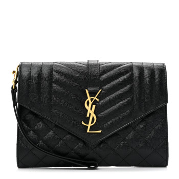 SAINT LAURENT Grain De Poudre Textured Mixed Matelasse Triquilt Monogram Clutch Black