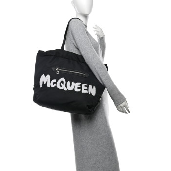 ALEXANDER MCQUEEN Nylon Graffiti Logo The Bundle Tote Black White