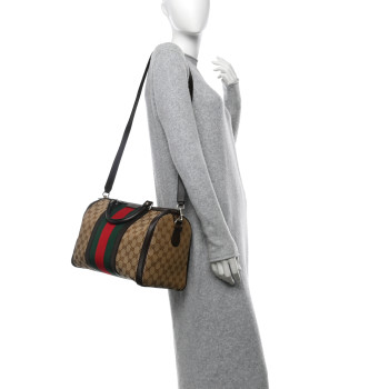 GUCCI Monogram Selleria Calfskin Vintage Web Medium Boston Beige Ebony Cocoa