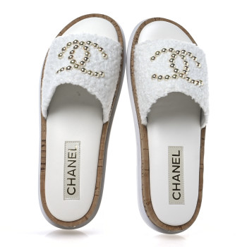 CHANEL Fabric Pearl Cork CC Slip On Sandals 38 White