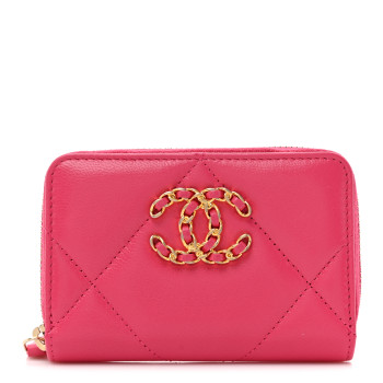 CHANEL Shiny Goatskin Quilted 19 Zip Around Coin Purse Wallet Dark Pink