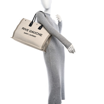 SAINT LAURENT Linen Calfskin Rive Gauche Tote Greggio Natural